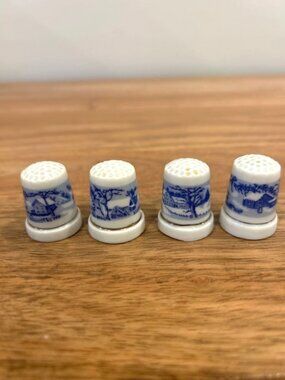 Vintage Currier and Ives Blue & White Porcelain Thimble Set